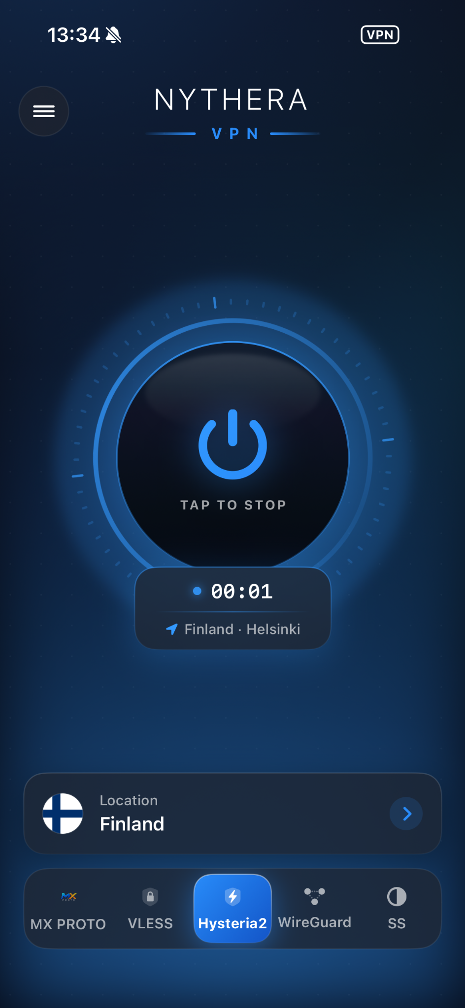 Nythera connection screen