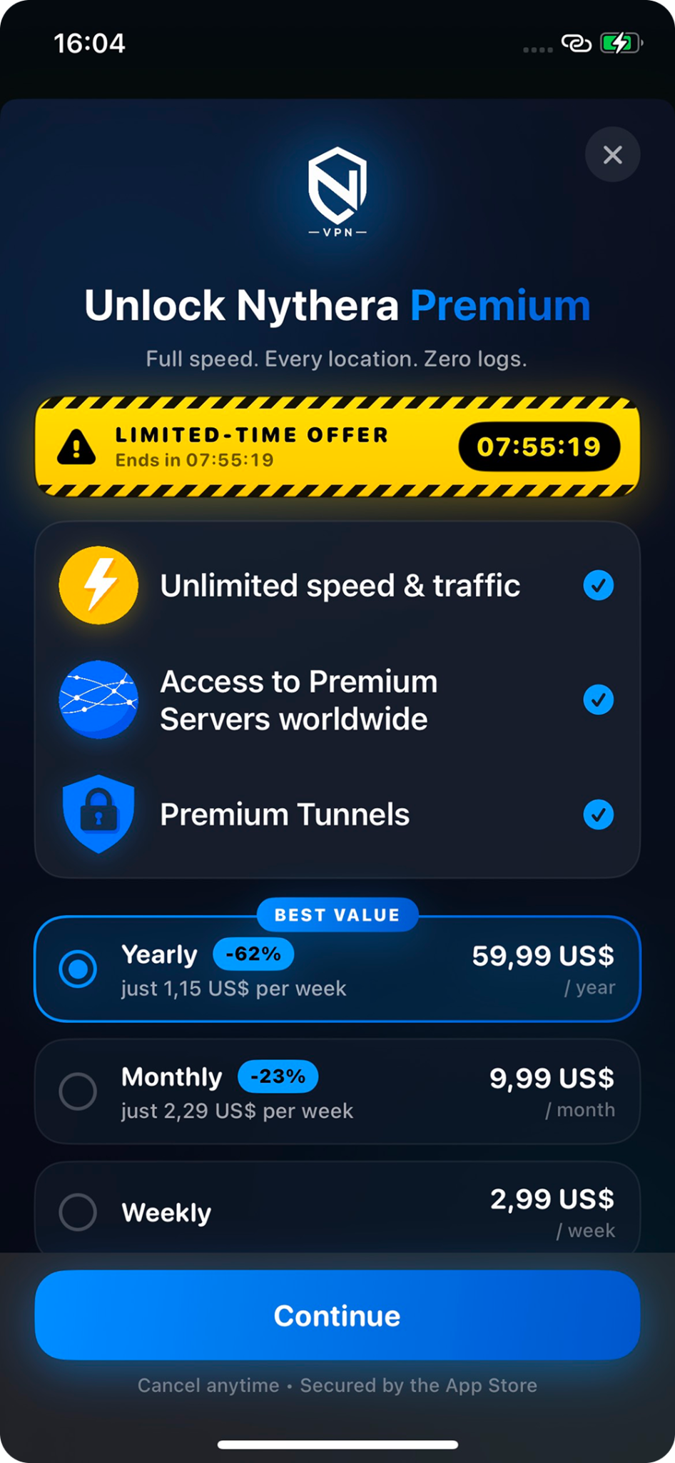 Nythera Premium subscription screen